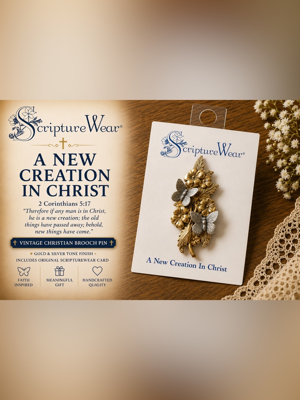 NWT ScriptureWear A New Creation in Christ Butterfly Floral Christian Brooch Pin